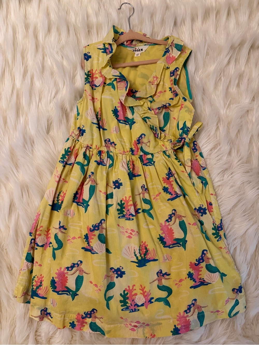 Mini Boden Yellow Mermaid Print Wrap Dress